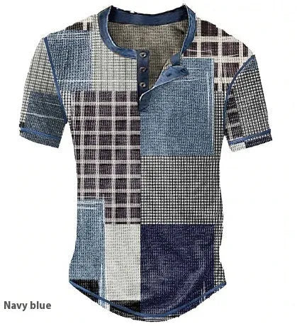 Men's graphic plaid colour block waffle henley short sleeve shirt, front view, regular fit, available in multiple colours