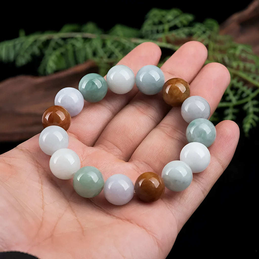 Women's natural Myanmar jade bracelet with three colours in 13mm round beads, national style design