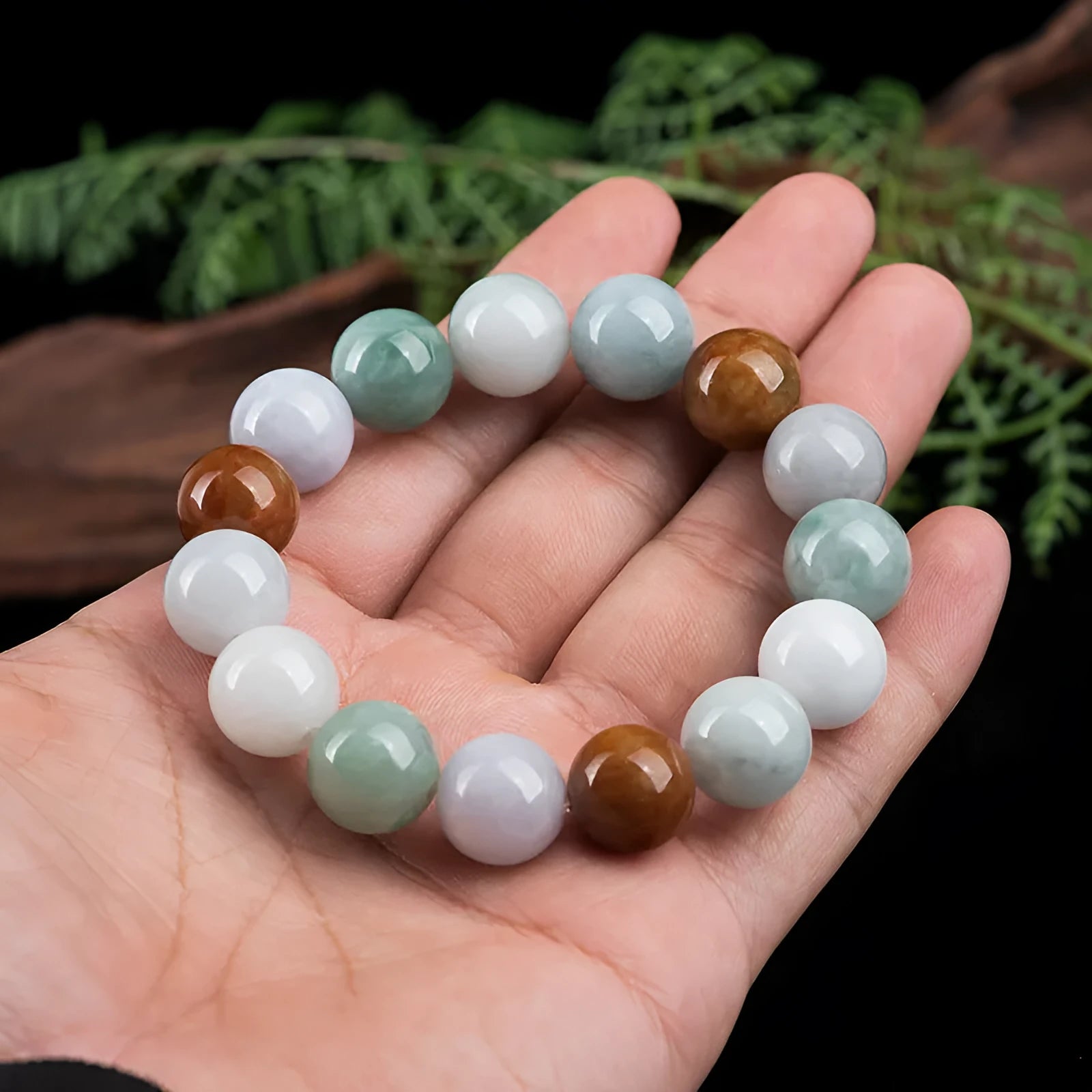 Women's natural Myanmar jade bracelet with three colours in 13mm round beads, national style design