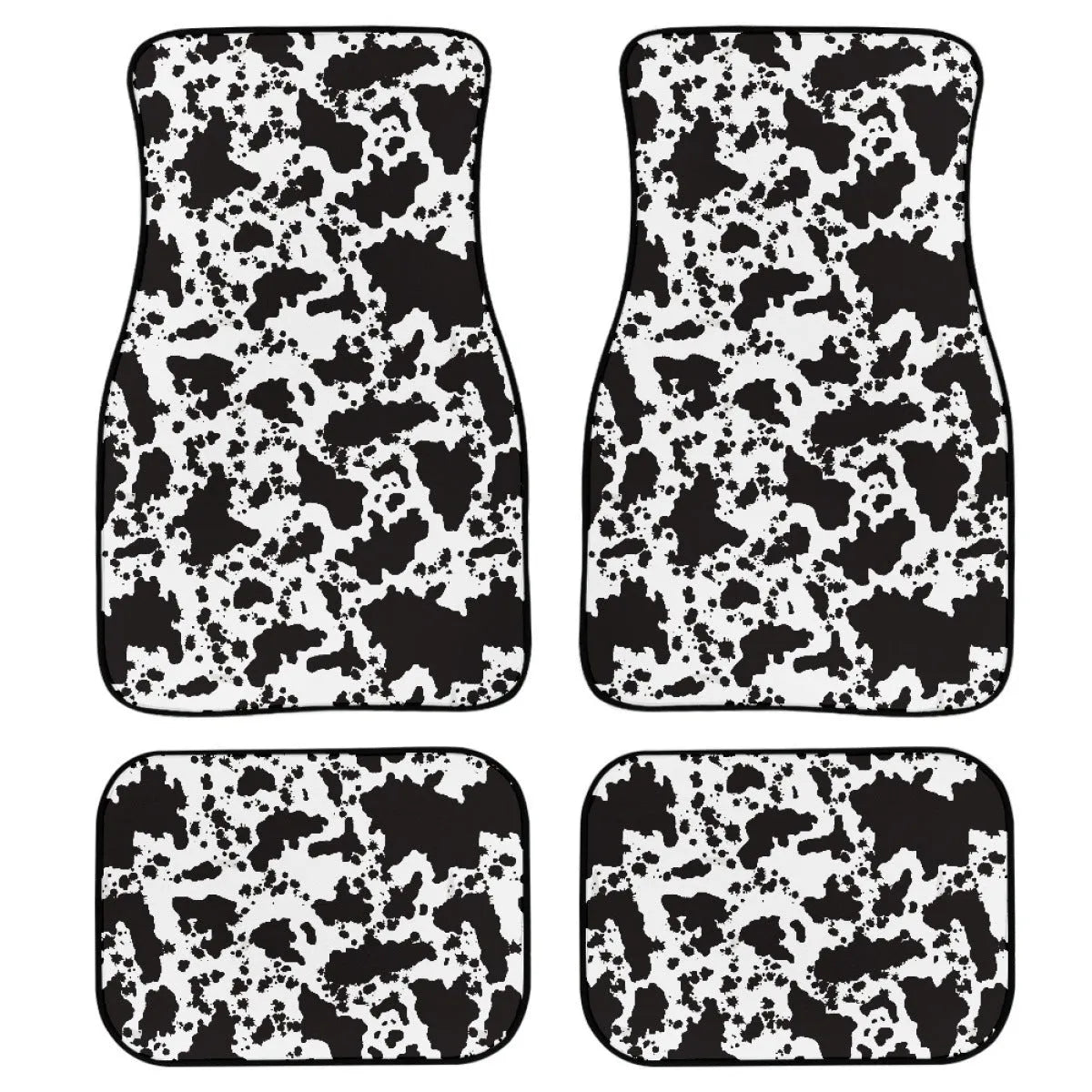 Set of four black rubber car floor mats with a textured surface and raised edges, shown in a vehicle footwell.