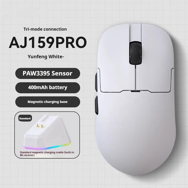 AJ159 tri-mode gaming mouse in various colours showing compact design with PAW3395 sensor