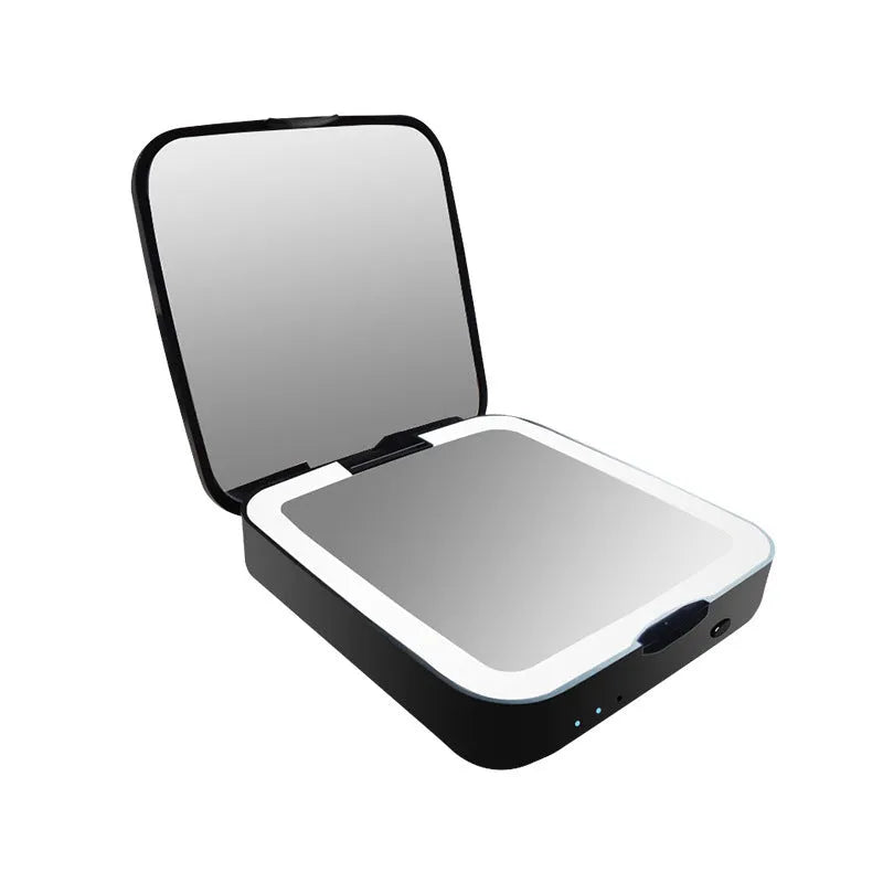 Black and white makeup mirror with magnification, HD mirror, and adjustable warm and cool LED lights.