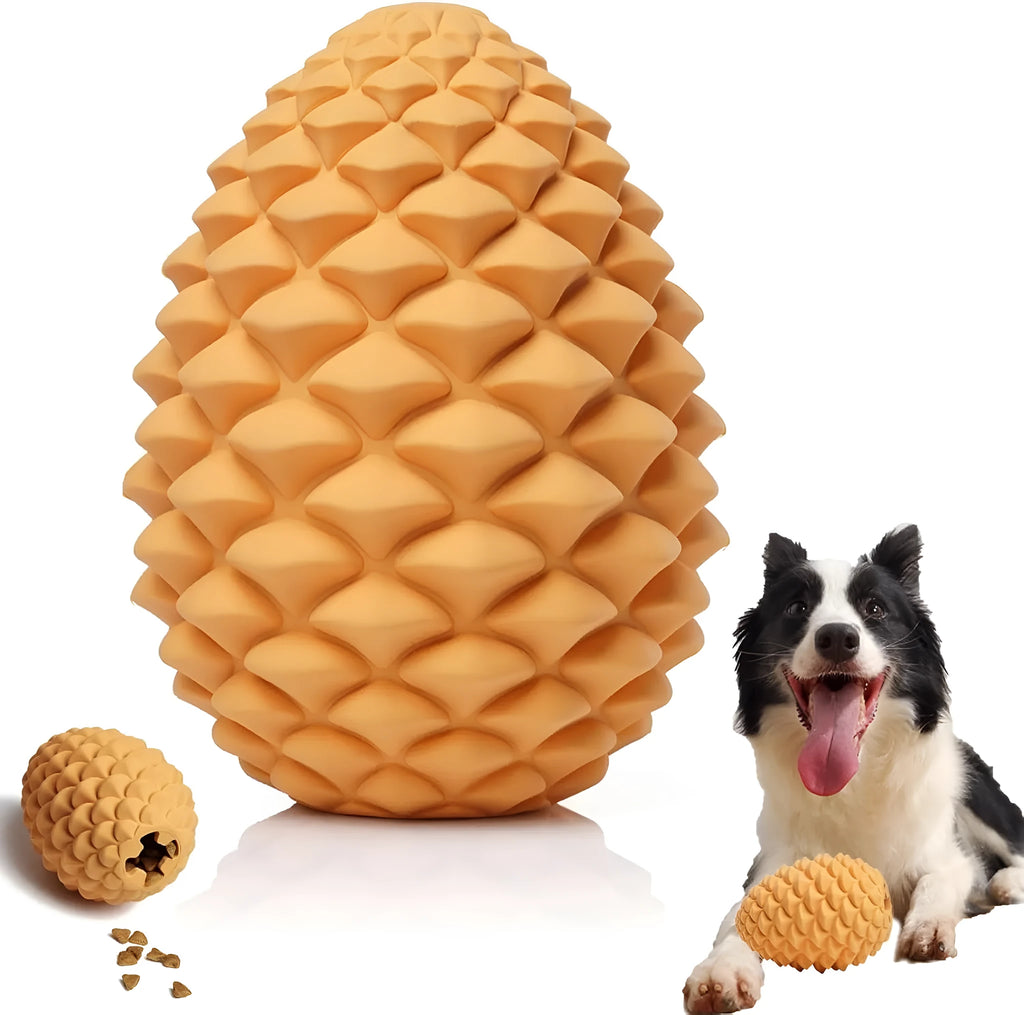 Yellow pine cone-shaped natural rubber dog chew toy with textured surface.