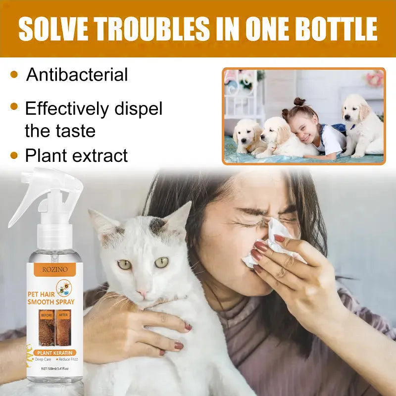 Pet-specific anti-static anti-knotting odour removing grooming spray in 100ml bottle for dogs and cats