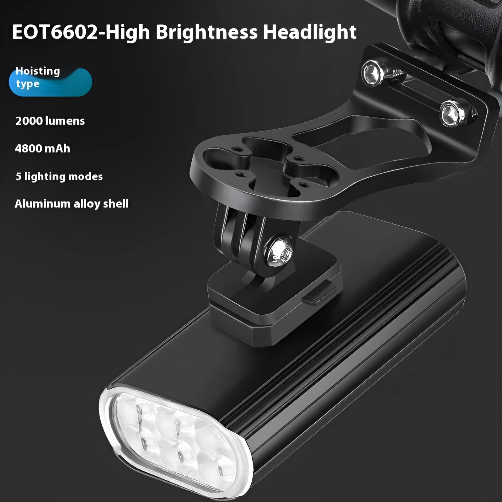 Aluminium alloy bicycle headlight showing six XPT lamp beads, USB Type-C port, and quick release mounting bracket