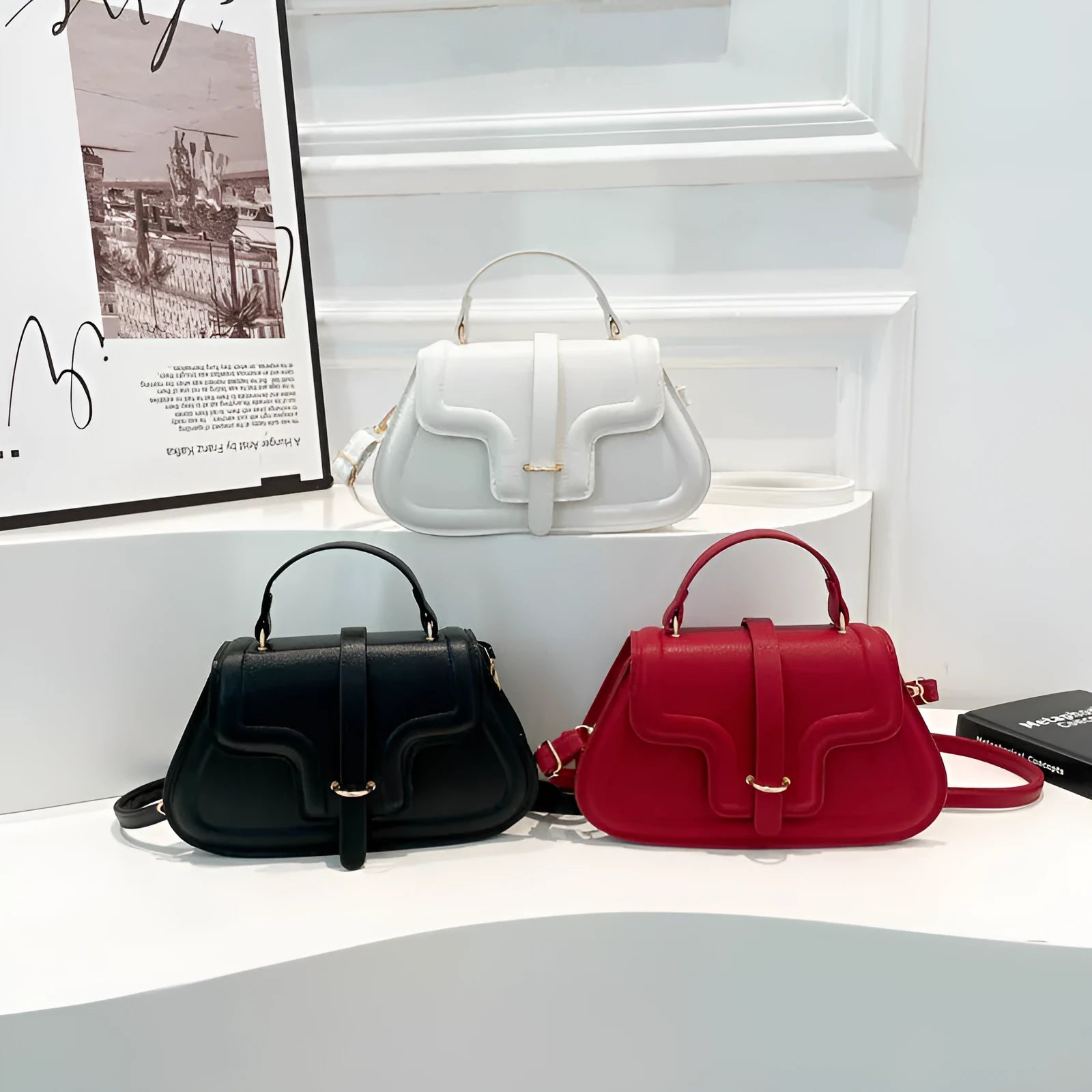 Fashion simple shoulder bag in black, horizontal square PU with sewing thread detail and single strap