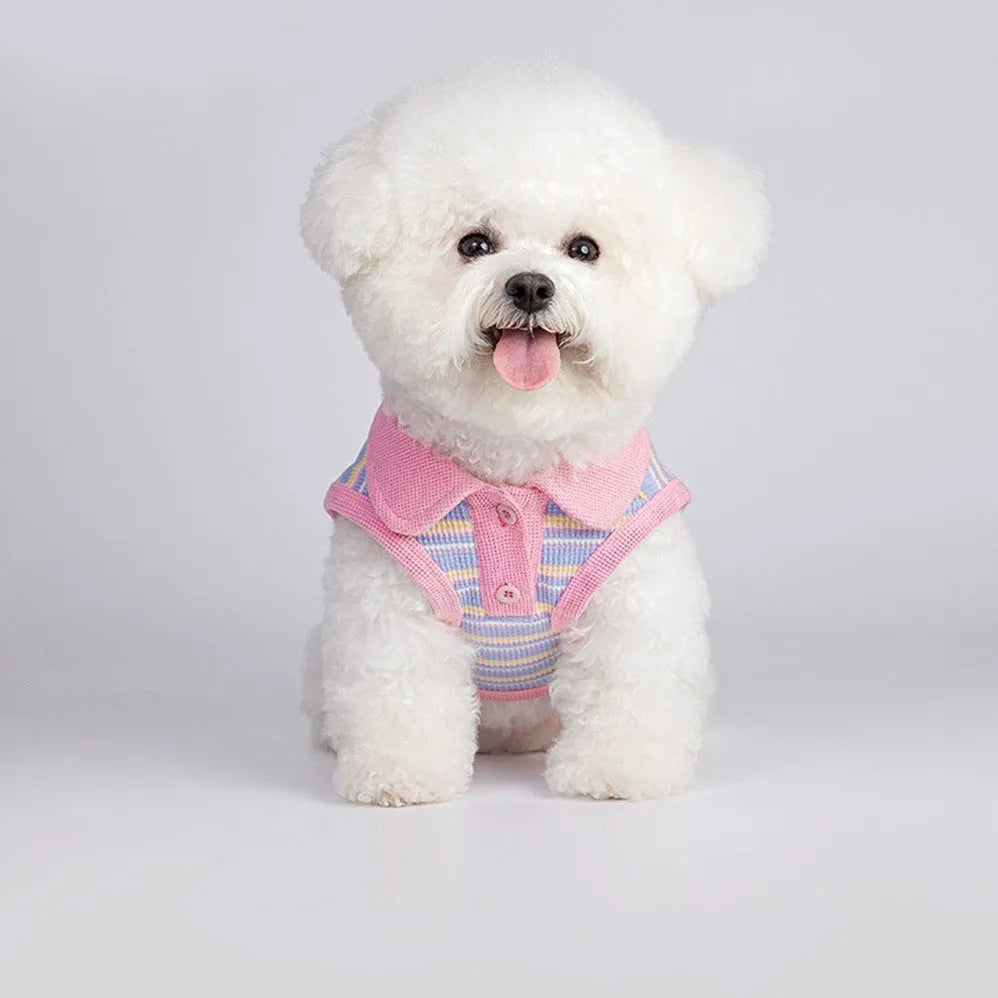 Pink purple dog vest for small pets showing weight-based sizing chart from XXS to XXL