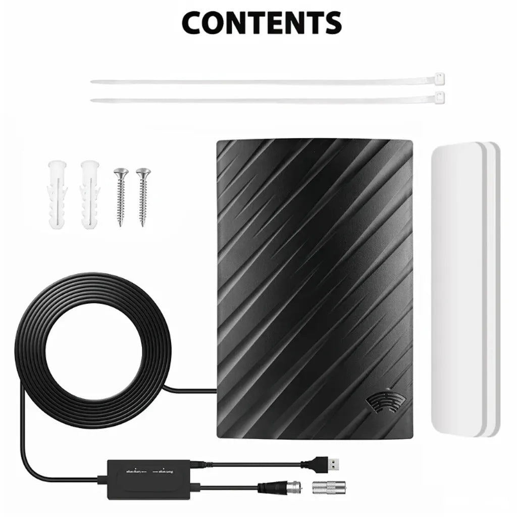 Black plastic digital HD television antenna with mounting screws, expansion tubes, cable ties, and adhesive tape.