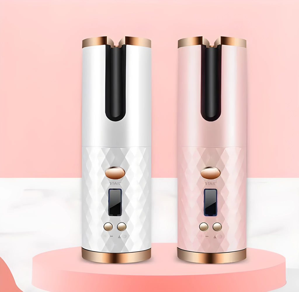 A white portable automatic wireless curling iron with a USB cable and a gold ceramic barrel.