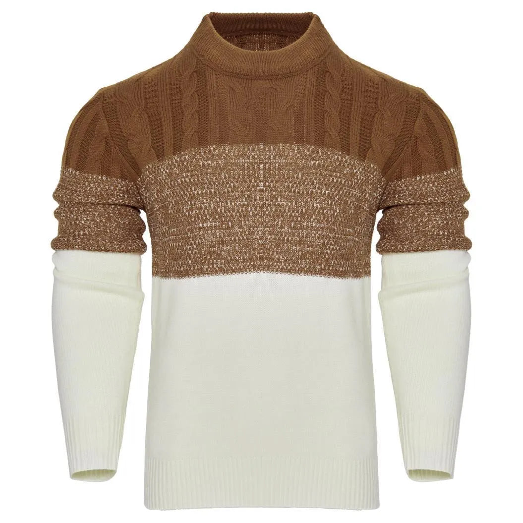 Men's knitted long-sleeved pullover sweater on a hanger, available in multiple sizes and styles.
