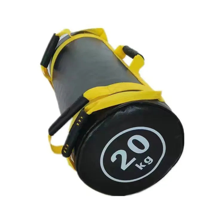 Flat white PVC leather fitness training sandbag shown on a gym floor.