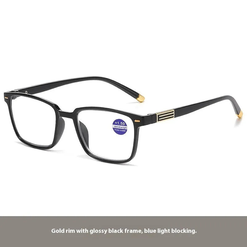 Multifocal anti-blue light reading glasses with colour-changing lenses in a black and silver frame style.