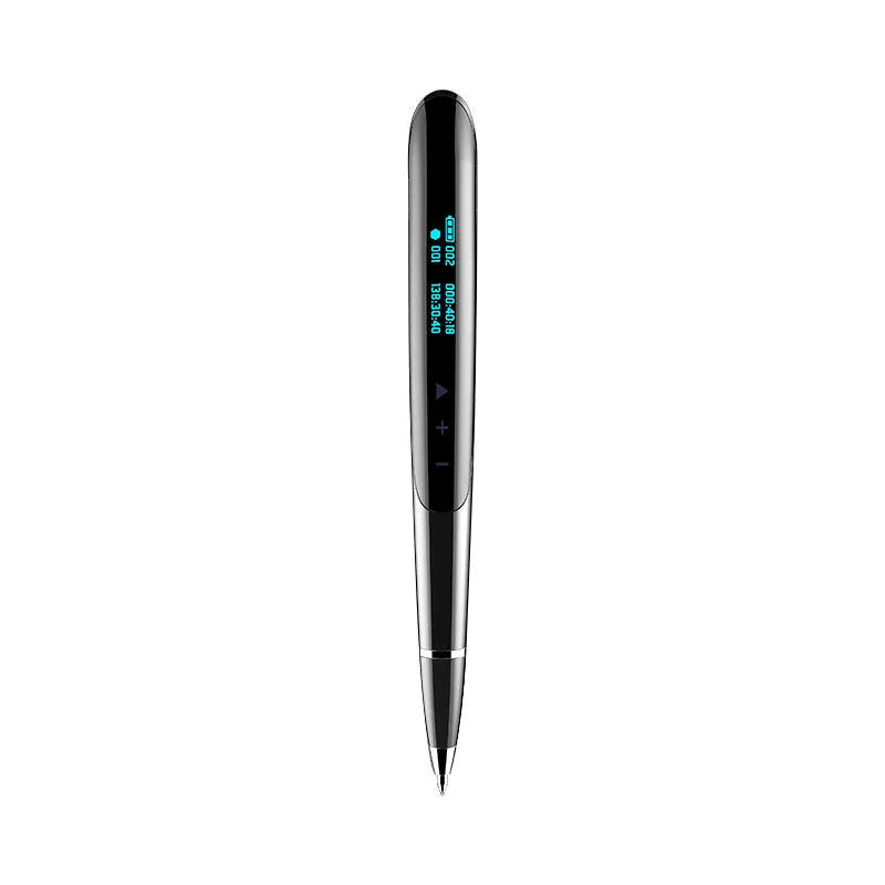 Black and silver lossless audio recording pens with OLED display screens and zinc alloy shells.