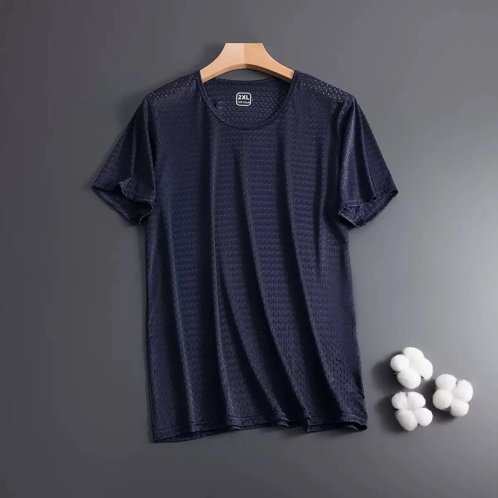 Men's solid colour Ice Silk short sleeve crew neck t-shirt on a hanger.
