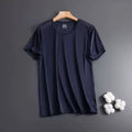 Men's solid colour Ice Silk short sleeve crew neck t-shirt on a hanger.