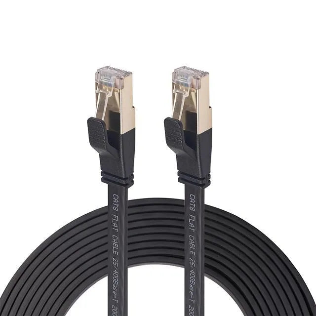 Cat8 Ethernet cable with gold-plated RJ45 connectors and SFTP shielding, shown in various lengths.