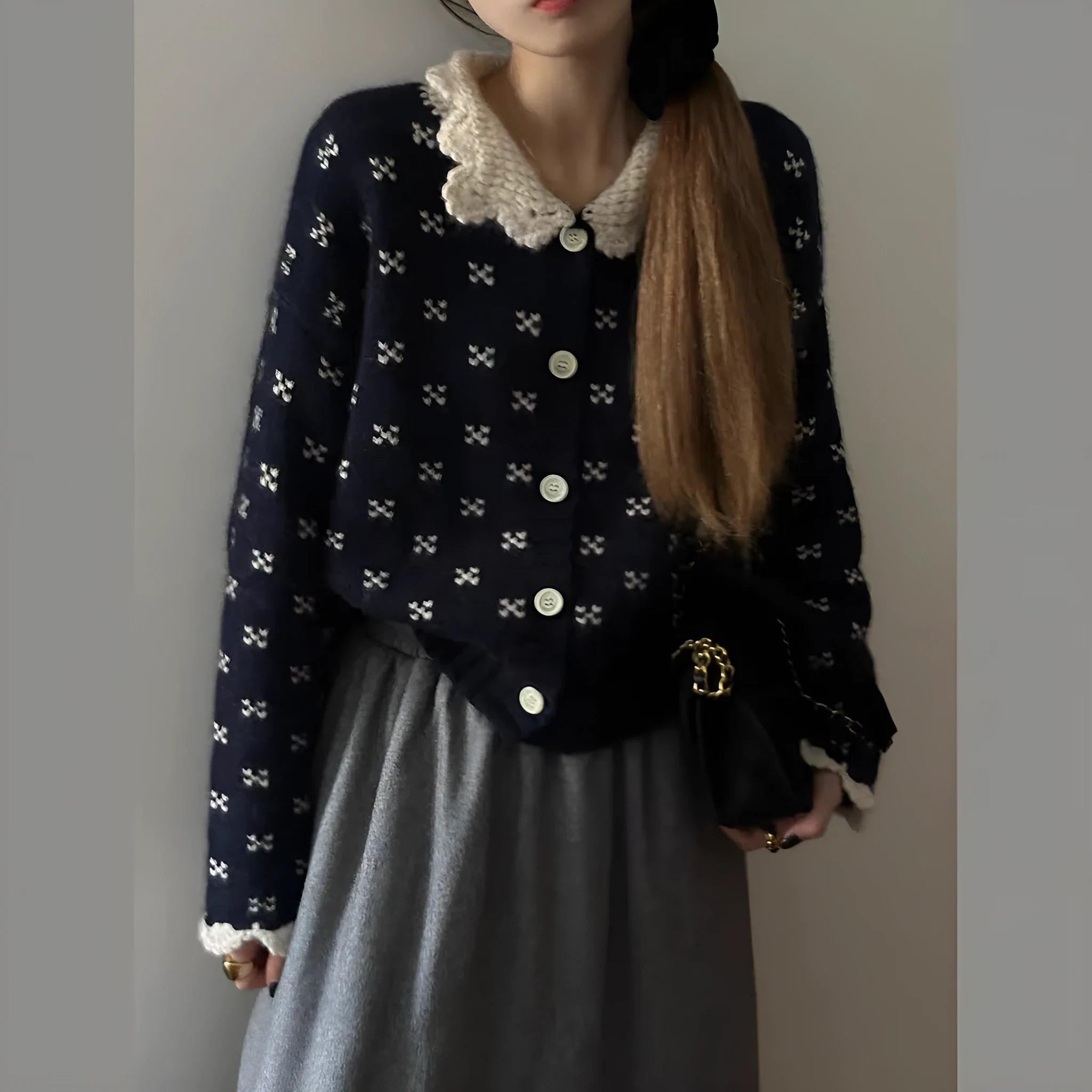 Retro Peter Pan collar knitted cardigan coat with floral embroidery in three colour options
