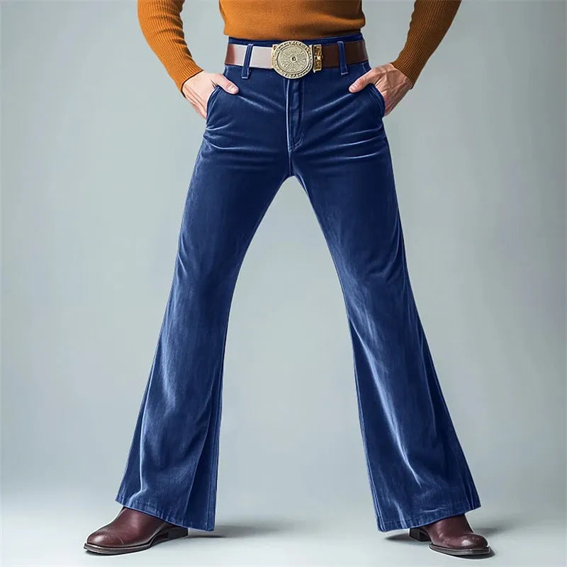 Men's gold velvet slim flared suit trousers in black, dark red, green, blue, khaki, brown or yellow