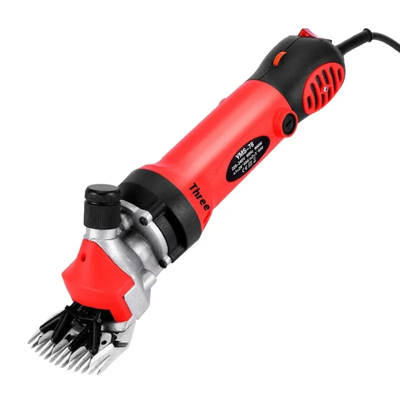 Yellow electric wool shearing machine with 13-tooth blade, maintenance tools, and plastic storage box