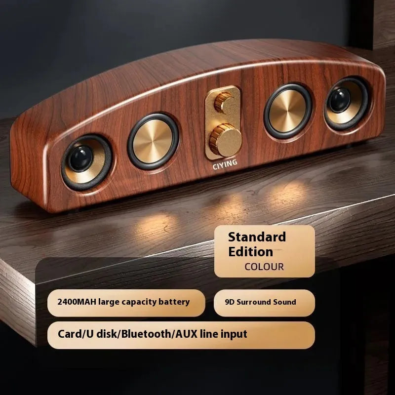 Retro portable Bluetooth speaker with wood grain finish and USB cable for outdoor use