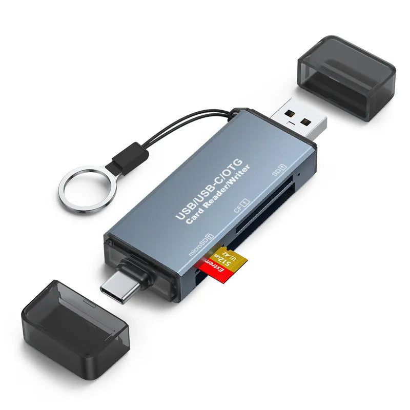 Aluminium CF SD TF three-in-one card reader with USB and TYPE-C connectors