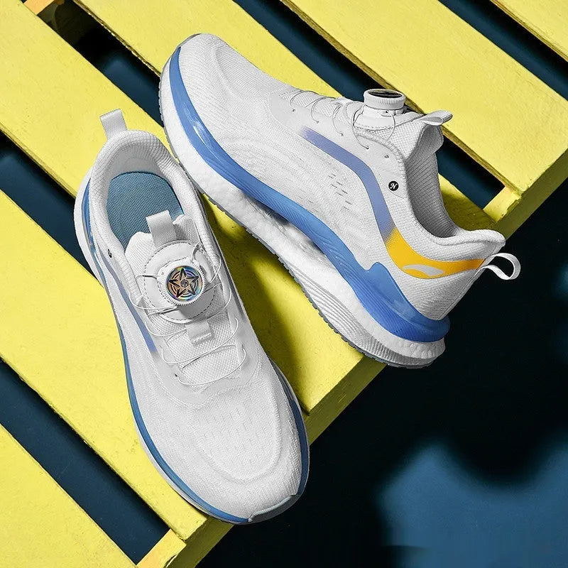 Men's high-top breathable mesh running sneaker in cotton candy colour with buckle closure.