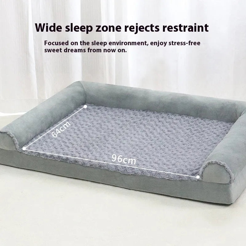 Grey cloth dog kennel with removable fleece lining, shown in three sizes for medium and large breeds.