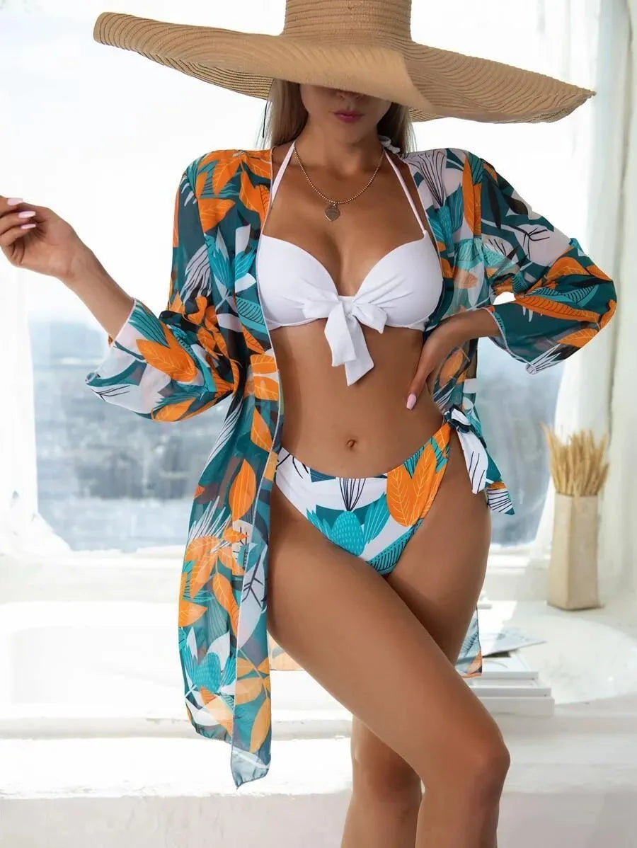 Women's three-piece mesh split bikini swimsuit set with a long coat in quick-dry polyester fabric.