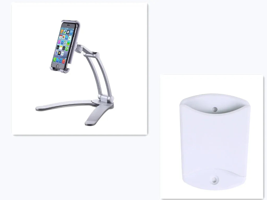 Silver aluminium alloy desktop tablet stand with white mount holding a tablet at an angle.