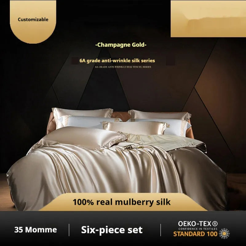 Household Fashion solid colour silk duvet cover and pillowcases on a bed, showing concealed zip detail.