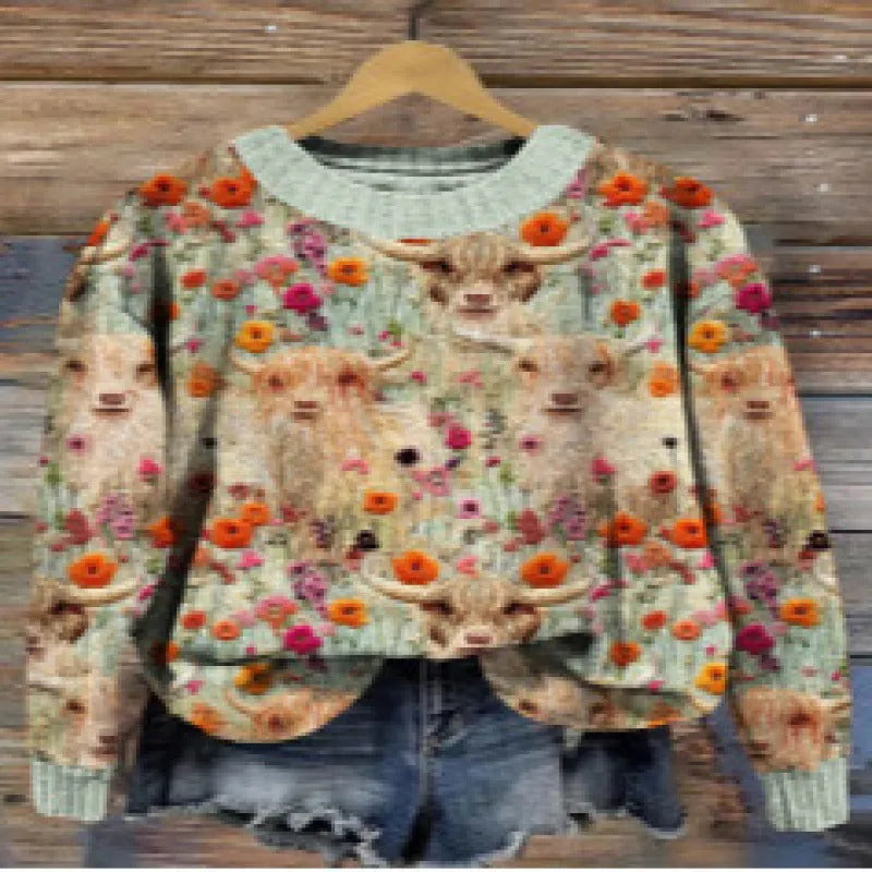 Women's little flower digital printed round neck long sleeve knitted sweater on a hanger.