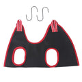 Pet grooming hammock restraint bag hanging from a hook, shown in multiple sizes for cats and dogs.