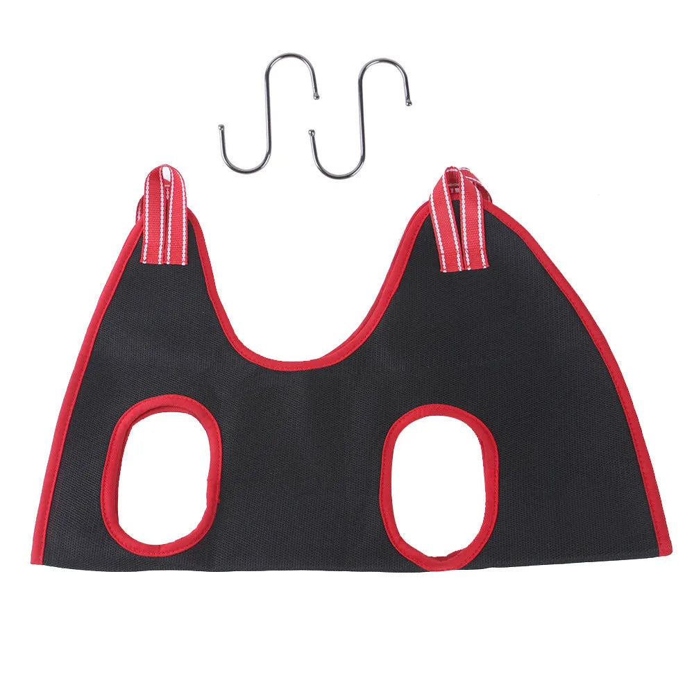 Pet grooming hammock restraint bag hanging from a hook, shown in multiple sizes for cats and dogs.