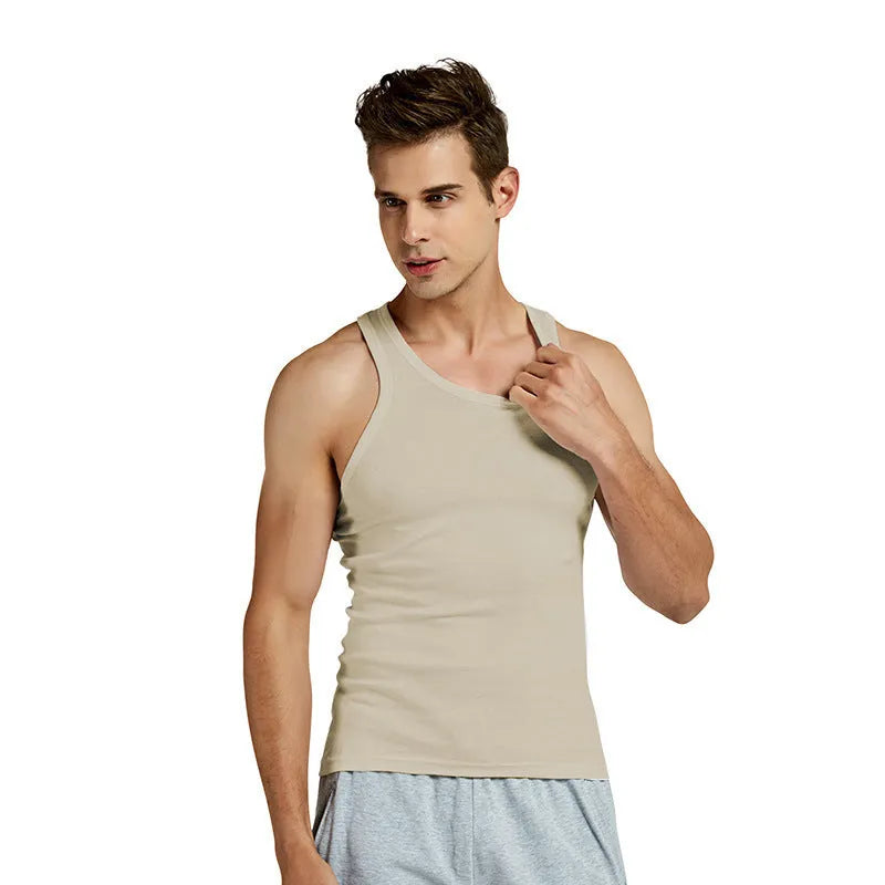 Men's pure cotton slim fit sports vest in white, front view, with stretch fabric for breathable underwear