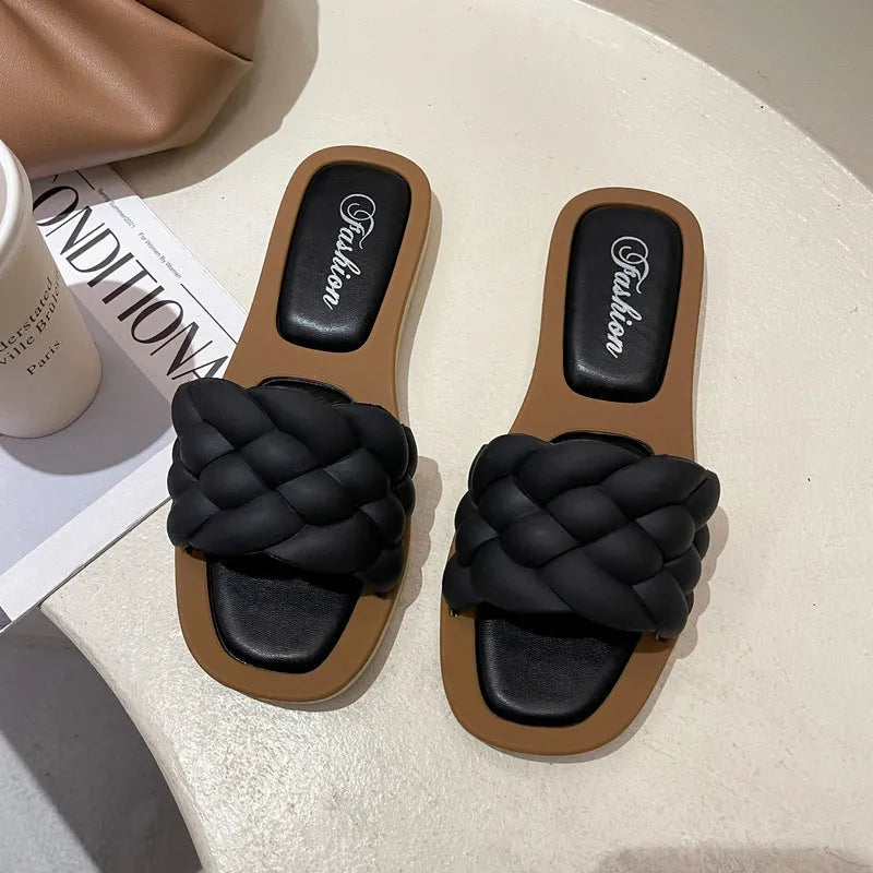 Women's plaid pattern beach sandals with thick PVC anti-slip sole in green colour.