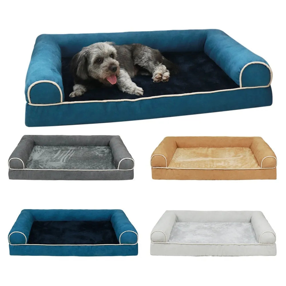 Square cloth dog bed with sponge filling, shown in blue, dimensions example 75cm long by 50cm wide.