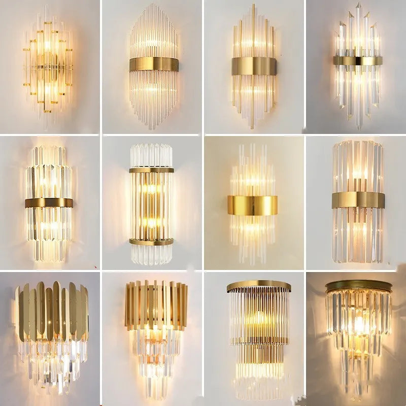 Modern crystal wall lamp with petal design and titanium gold finish mounted on wall