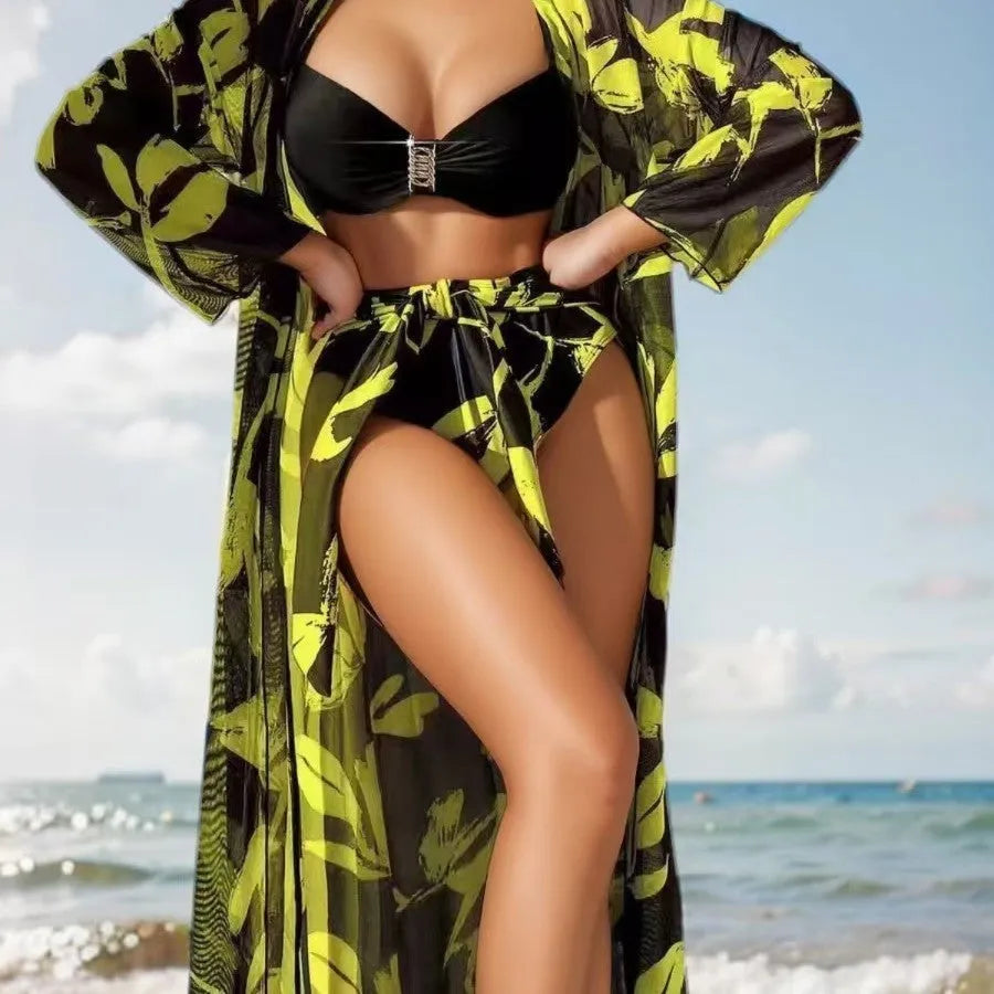 Three-piece women's high-waist swimsuit set with printed pattern, including long shirt cover-up, in black colour option.