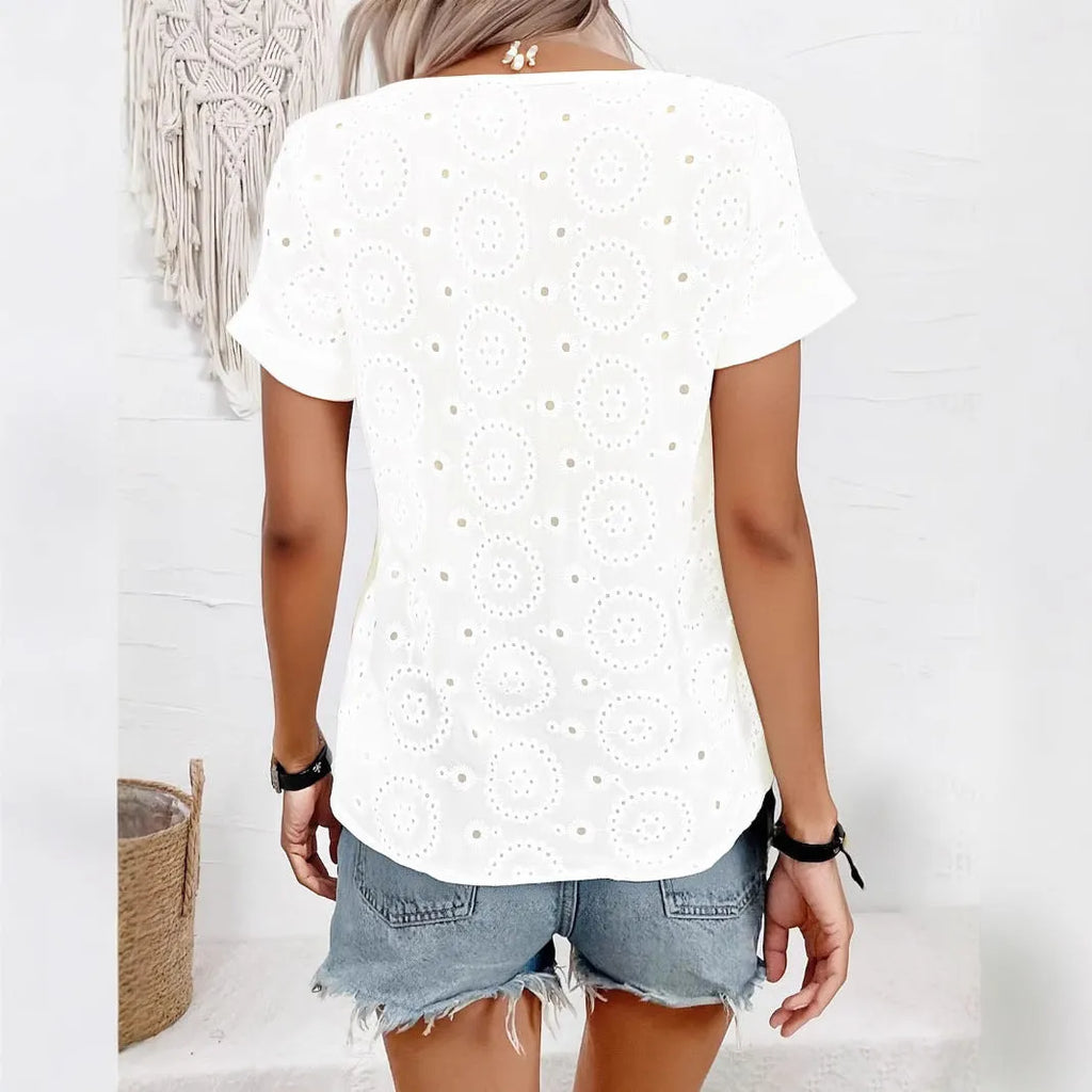 White V-neck short sleeve T-shirt with hollow-out pattern detail on front, loose casual fit