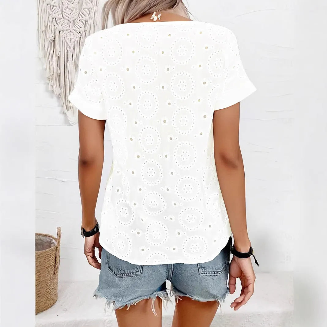 White V-neck short sleeve T-shirt with hollow-out pattern detail on front, loose casual fit