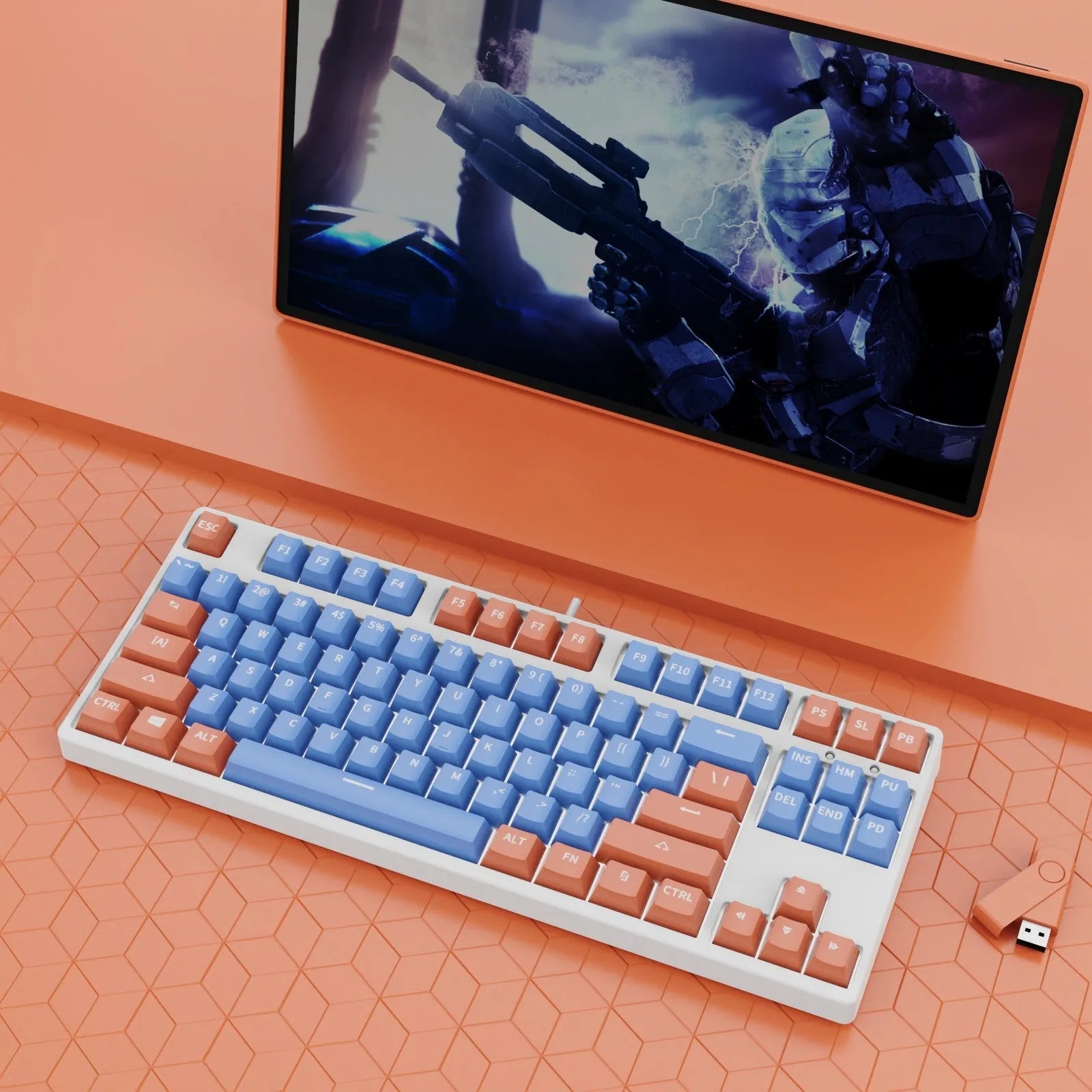 87-key wired mechanical keyboard with two-tone keycaps, shown with switch puller and cleaning brush