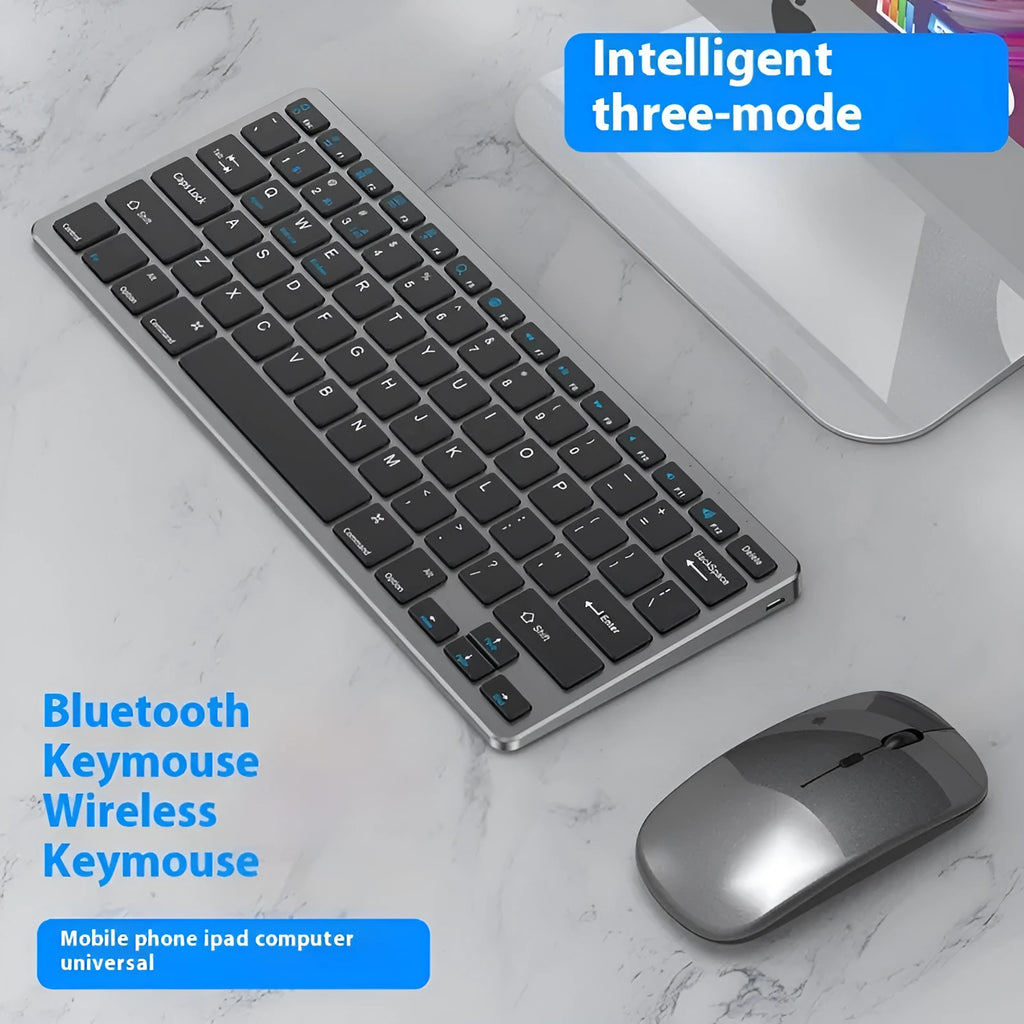 Ultra-thin wireless keyboard and rechargeable mouse set in black, silver, or gun metal colours with Bluetooth connectivity