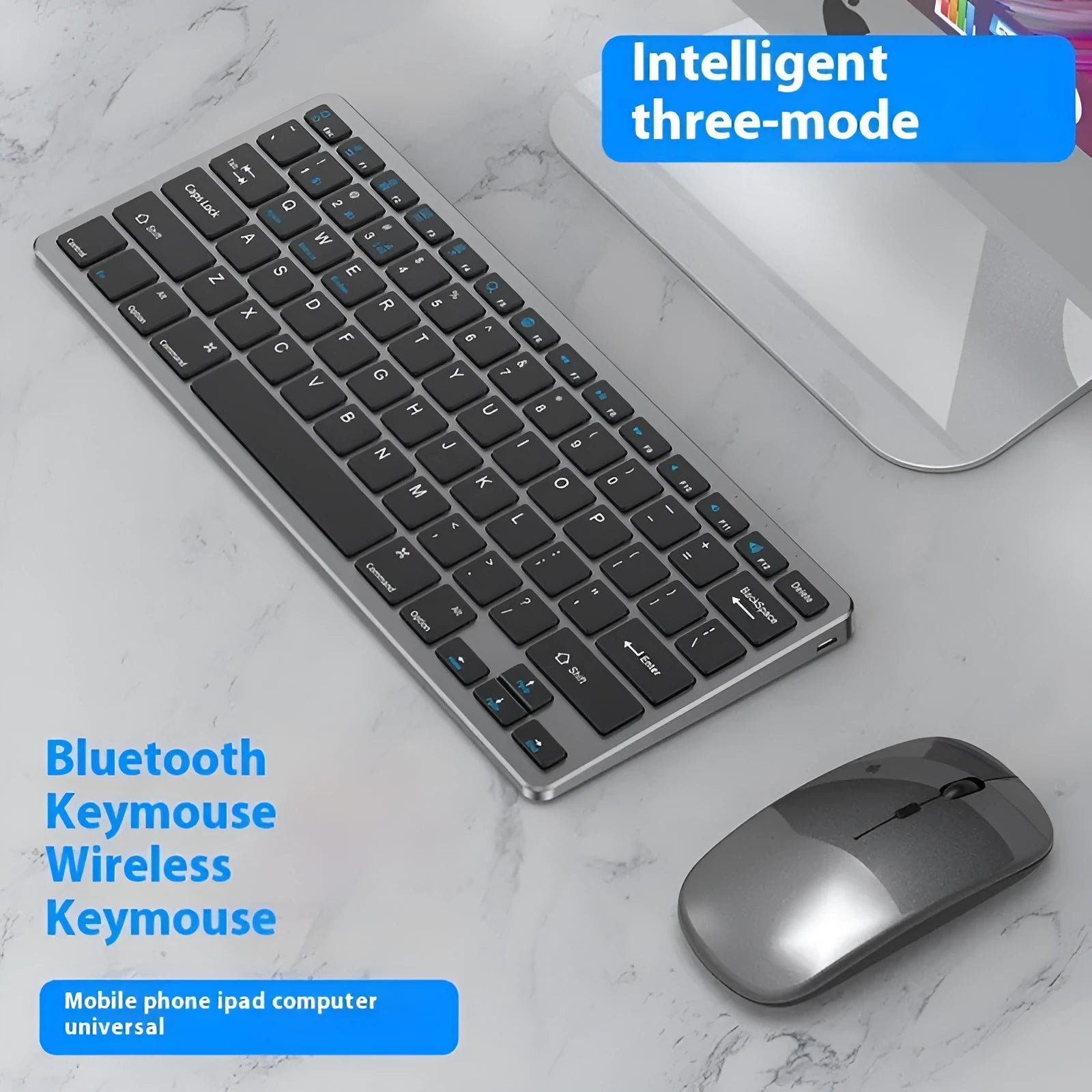 Ultra-thin wireless keyboard and rechargeable mouse set in black, silver, or gun metal colours with Bluetooth connectivity