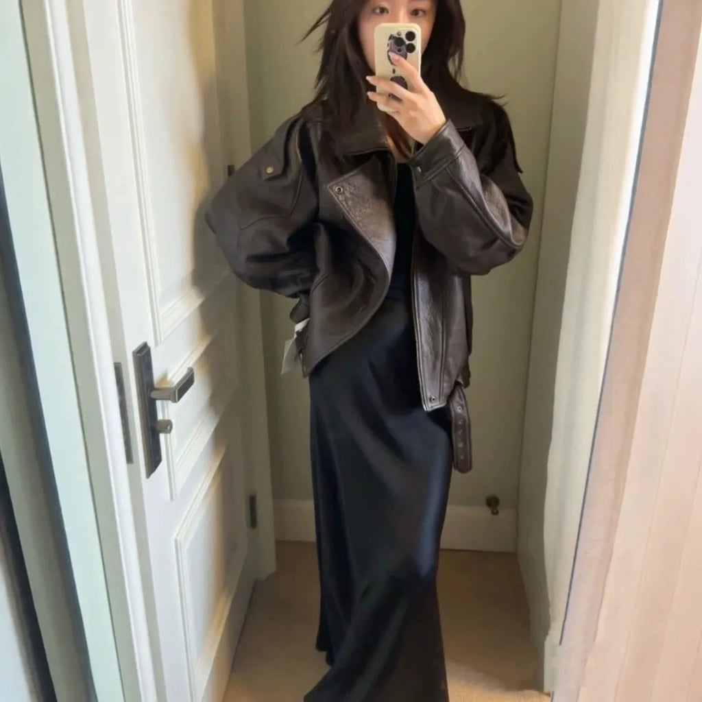 Women's loose fit brown faux leather jacket with front zipper and regular sleeves