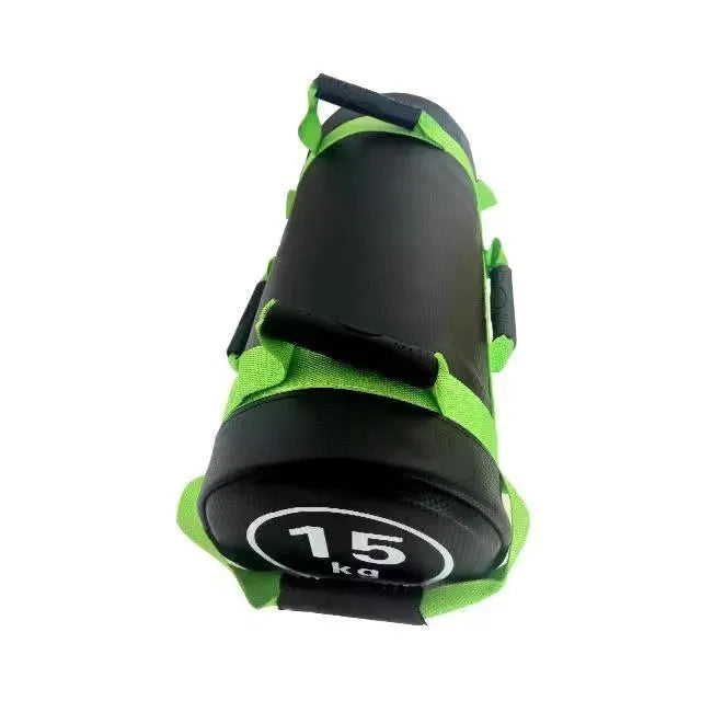 Flat white leather PVC fitness training sandbag with variable weight options from 5KG to 30KG.