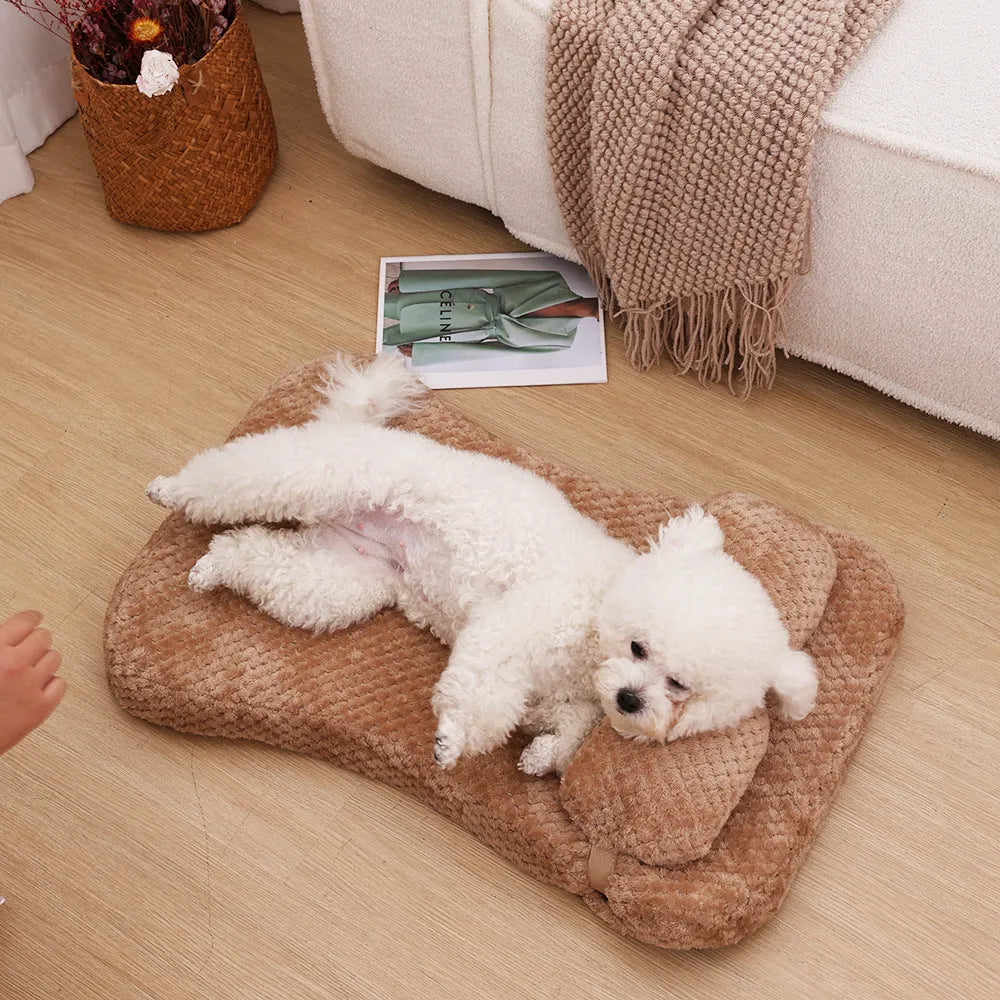 Soft plush pet bed mat with attached pillow in grey, available in sizes S to XL