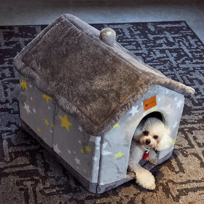 Foldable pet bed with plush fur, enclosed cave shape, removable nest, and durable bottom, in grey star or navy blue carrot.
