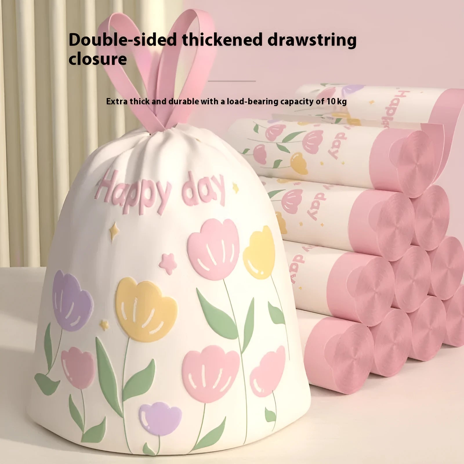 Pink drawstring garbage bags with argy wormwood, size 44cm x 48cm, in a pack.