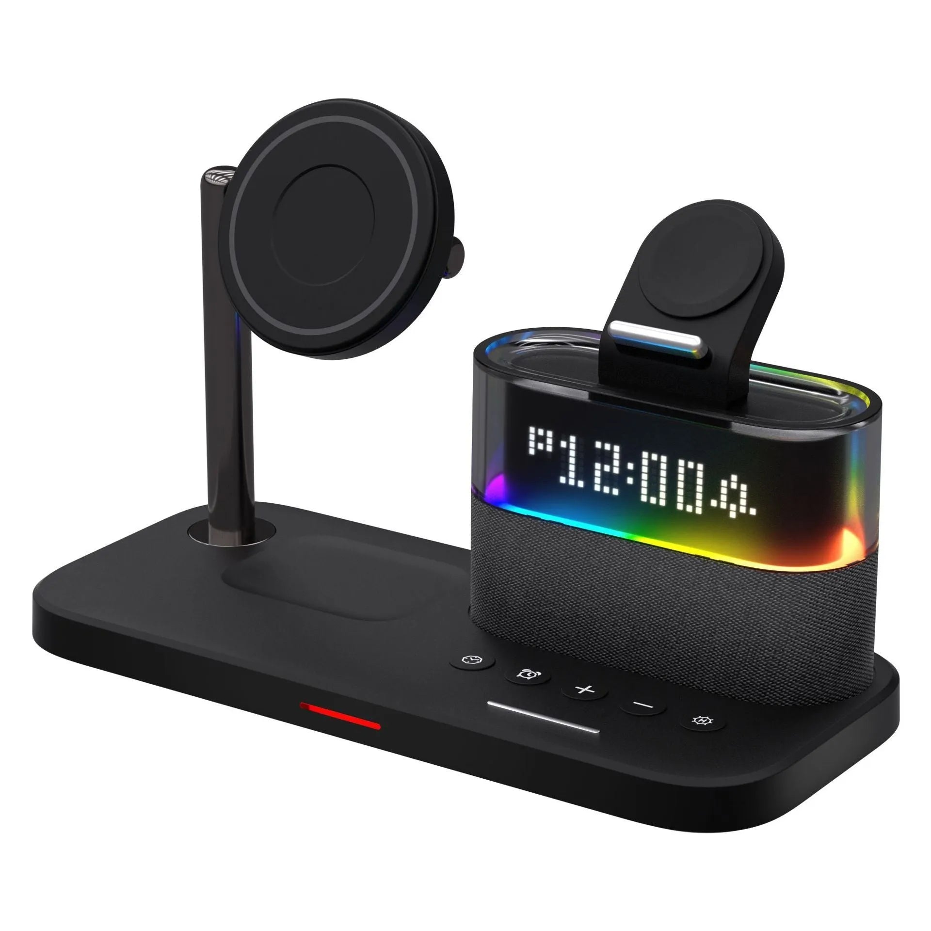 C09 Black three-in-one magnetic night lamp wireless charger with alarm clock on a table
