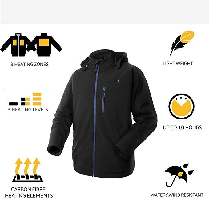 Black USB heated winter coat for men with waterproof windproof features